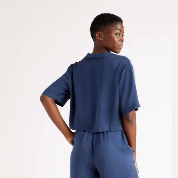 Quince Washable Silk Cropped Button up Pajama Top, Large, Indigo Blue - Picture 2 of 6